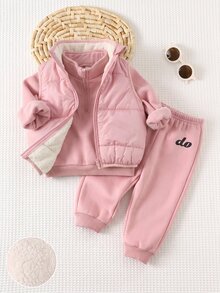 Baby Girl Solid Color Zipper Front Winter Vest, Round Neck Long Sleeve Sweatshirt And Sweatpants Casual Set - Pink - View 3