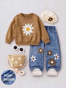 SHEIN Babygirl Cute Autumn/Winter Casual Floral Pattern Sweatshirt & Pants Set - Brown - View 1