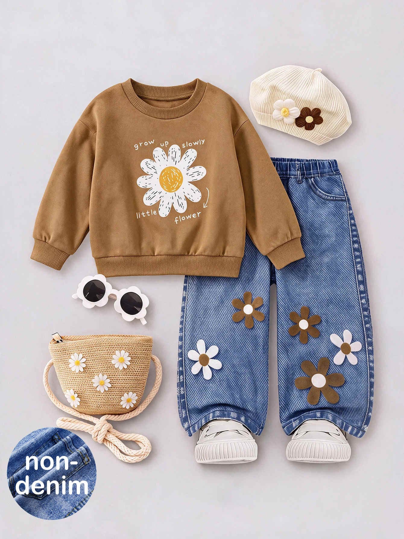 SHEIN Babygirl Cute Autumn/Winter Casual Floral Pattern Sweatshirt & Pants Set - Brown - View 1