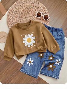 SHEIN Babygirl Cute Autumn/Winter Casual Floral Pattern Sweatshirt & Pants Set - Brown - View 2