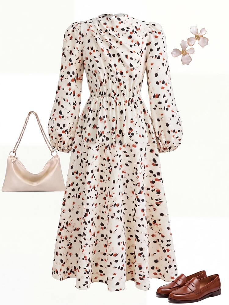 Girlism Kids Tween Girl Leopard Print Long Sleeve Casual Downtown Girl Elegant Dress Commute Stand Collar Lantern Sleeve A-Line Back To School Autumn Party - Apricot - View 2