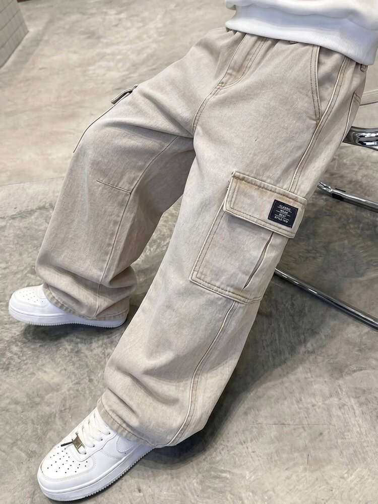 SHEIN Tween Boy Fashion Casual Vintage Y2k Basic Simple Mix And Match Loose Comfortable Straight Leg Jeans For Kids Clothes Boys Soft Dailywear And Kids Summer And Spring Clothes - Khaki - View 1