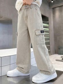SHEIN Little Byeori 大童男孩時尚休閒復古 Y2K 基礎簡約混搭寬鬆舒適直筒牛仔褲，兒童男童軟綿日常穿著春夏衣著 - 卡其色 - 查看 2