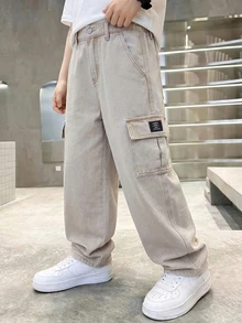 SHEIN Little Byeori 大童男孩時尚休閒復古 Y2K 基礎簡約混搭寬鬆舒適直筒牛仔褲，兒童男童軟綿日常穿著春夏衣著 - 卡其色 - 查看 5