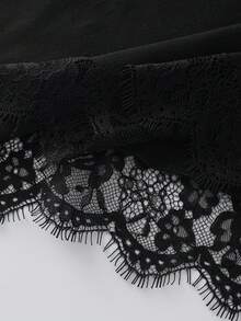 Balvessa Contrast Lace Asymmetrical Neck Tee Going Out Black Autumn Elegant - Black - View 7