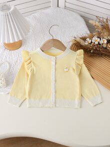 SHEIN 幼女秋冬黃色長袖針織開襟衫，適合返校穿著，舒適柔軟，聖誕節慶與日常穿搭 - 黃色 - 查看 1