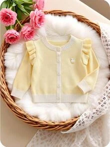 SHEIN 幼女秋冬黃色長袖針織開襟衫，適合返校穿著，舒適柔軟，聖誕節慶與日常穿搭 - 黃色 - 查看 7