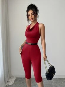 SHEIN Elenzya Women's Solid Color Elegant Draped Neck 3/4 Sleeve Jumpsuit - Burgundy - View 4