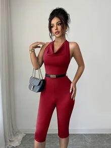 SHEIN Elenzya Women's Solid Color Elegant Draped Neck 3/4 Sleeve Jumpsuit - Burgundy - View 7