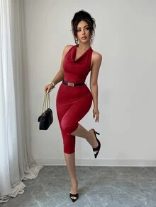 SHEIN Elenzya Women's Solid Color Elegant Draped Neck 3/4 Sleeve Jumpsuit - Burgundy - View 5