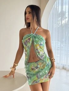 Aloruh Women's Vacation 3D Flower Decor Halter Top Skirt Fashion Two Pieces Set Summer Outfits Clothes Beach Club Night Out Boho Sexy Sequined Tassels Green - Purple - View 7