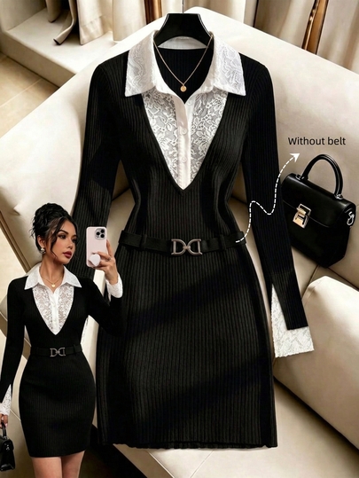 Everyssa Vestido 2 en 1 de manga larga con diseño de botones y encaje en contraste para mujer