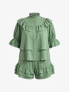 VOLUPTÉ CURVE Conjunto de dos piezas para mujer talla grande de verano, verde, de lino sintético, con cuello alto, mangas abullonadas, volantes, corto, casual, para ir al trabajo y vacaciones, otoño - Verde - Ver 10