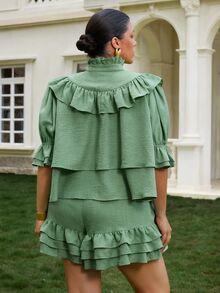 VOLUPTÉ CURVE Conjunto de dos piezas para mujer talla grande de verano, verde, de lino sintético, con cuello alto, mangas abullonadas, volantes, corto, casual, para ir al trabajo y vacaciones, otoño - Verde - Ver 8