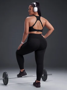 Powerista Women's Plus Size Solid Color Hollow Out Sports Bra Stylish Perfect For Workouts Casual Tropical Wear Backless Gym Daily Wear Black Summer - Black - View 4