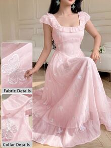 Modelyn French Style Yellow Cap Sleeve Embroidered Waist Maxi Dress, Elegant Vacation Wear For Spring/Summer - Pink - View 1