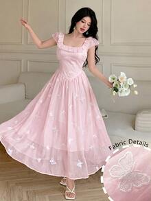 Modelyn French Style Yellow Cap Sleeve Embroidered Waist Maxi Dress, Elegant Vacation Wear For Spring/Summer - Pink - View 4