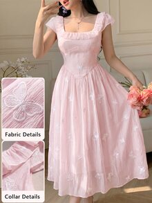 Modelyn French Style Yellow Cap Sleeve Embroidered Waist Maxi Dress, Elegant Vacation Wear For Spring/Summer - Pink - View 7