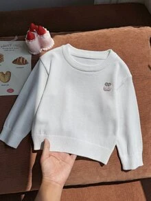 SHEIN 幼童女童白色圓領長袖針織毛衣，秋冬款，開學季，舒適柔軟，節日穿搭，聖誕休閒日常穿著 - 白色 - 查看 3