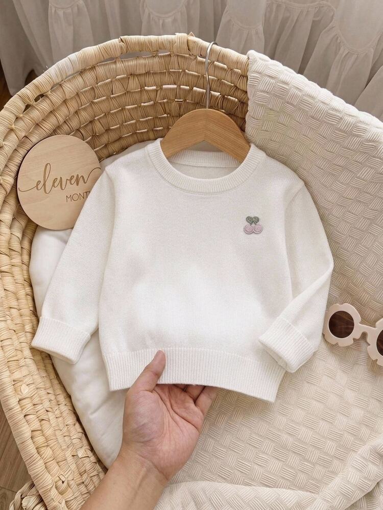 SHEIN Fall Clothes Winter Toddler Girl White Round Neck Long Sleeve Knit Sweater, Back To School, Cozy Soft, Festival Outfits Christmas Casual Daily Wear - White - View 1