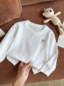 SHEIN 幼童女童白色圓領長袖針織毛衣，秋冬款，開學季，舒適柔軟，節日穿搭，聖誕休閒日常穿著 - 白色 - 查看 1