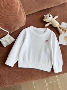 SHEIN 幼童女童白色圓領長袖針織毛衣，秋冬款，開學季，舒適柔軟，節日穿搭，聖誕休閒日常穿著 - 白色 - 查看 8