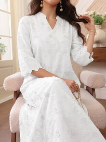 Lacomfia Spring/Summer Fashion Mint Green Positioned 3D Embroidered Stand Collar Mid-Length Sleeve Dress - White - View 5