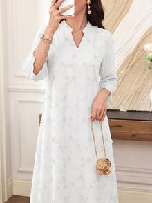Lacomfia Spring/Summer Fashion Mint Green Positioned 3D Embroidered Stand Collar Mid-Length Sleeve Dress - White - View 7