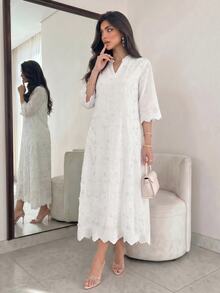 Lacomfia Spring/Summer Fashion Mint Green Positioned 3D Embroidered Stand Collar Mid-Length Sleeve Dress - White - View 4