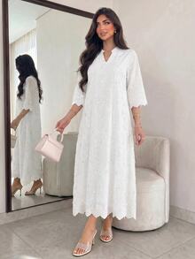 Lacomfia Spring/Summer Fashion Mint Green Positioned 3D Embroidered Stand Collar Mid-Length Sleeve Dress - White - View 2