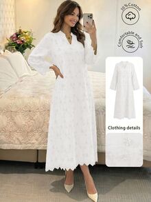 Lacomfia Spring/Summer Fashion Mint Green Positioned 3D Embroidered Stand Collar Mid-Length Sleeve Dress - White - View 3