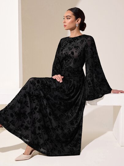 Graceveil Gaun Wanita Hitam Bermotif Bunga, Leher Bulat, Lengan Lonceng Panjang, Ikat Pinggang, Elegan untuk Pesta Malam dan Perjamuan