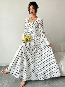 Modelyn Women's Polka Dot Pattern Lace-Up Design French Style High-End Waist-Defining Dress - Multicolor - View 6