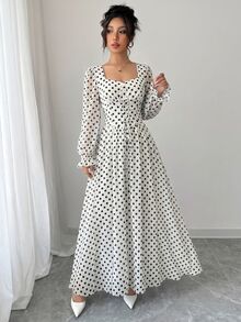 Modelyn Women's Polka Dot Pattern Lace-Up Design French Style High-End Waist-Defining Dress - Multicolor - View 8