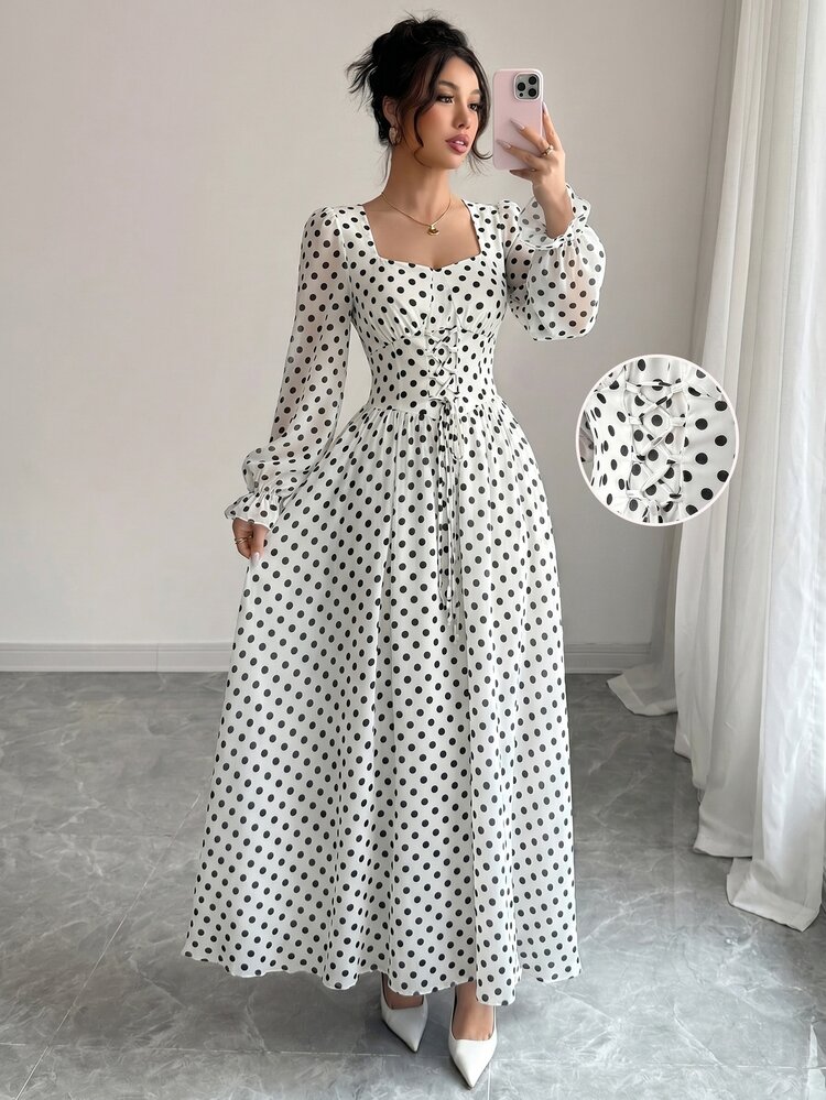 Modelyn Women's Polka Dot Pattern Lace-Up Design French Style High-End Waist-Defining Dress - Multicolor - View 2