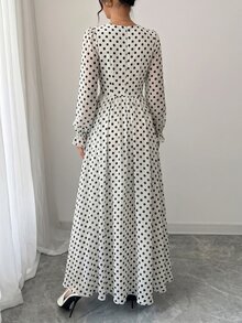 Modelyn Women's Polka Dot Pattern Lace-Up Design French Style High-End Waist-Defining Dress - Multicolor - View 7