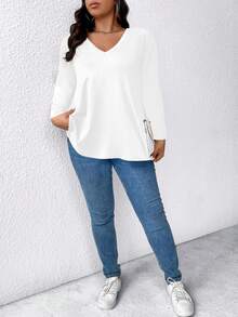 SHEIN Clasi Plus Size Solid Color V-Neck Elegant Commute Long Sleeve T-Shirt For Spring Fall - White - View 5