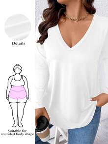 SHEIN Clasi Plus Size Solid Color V-Neck Elegant Commute Long Sleeve T-Shirt For Spring Fall - White - View 7