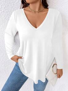 SHEIN Clasi Plus Size Solid Color V-Neck Elegant Commute Long Sleeve T-Shirt For Spring Fall - White - View 6