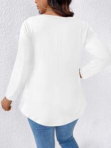 SHEIN Clasi Plus Size Solid Color V-Neck Elegant Commute Long Sleeve T-Shirt For Spring Fall - White - View 2