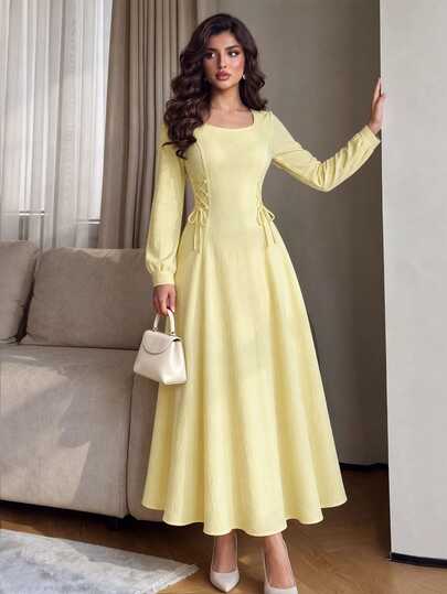 Modelyn Yellow Elegant Women's Lantern Sleeve Solid Color Dress, Textured Fabric Side Cross Tie Waist Flared Midi Dress Autumn
