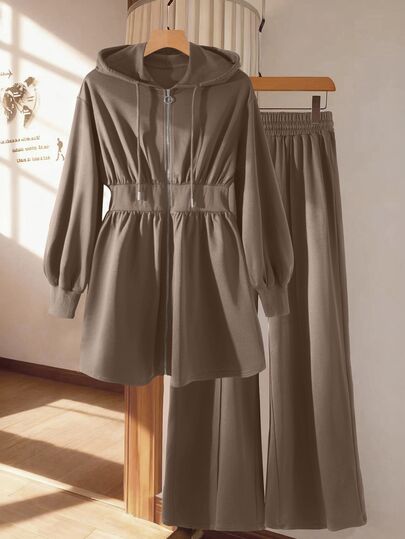 Modelyn Burgundy Slimming Zip-Up Hooded Casual Long Sleeve Jacket & Pants 2 Pieces Set For Women, Autumn/Winter