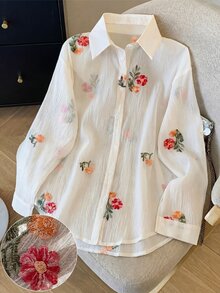 Modelyn 春夏时尚优雅甜美刺绣长袖休闲衬衫 - 杏色 - 查看 3