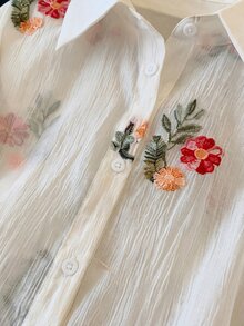 Modelyn 春夏时尚优雅甜美刺绣长袖休闲衬衫 - 杏色 - 查看 5