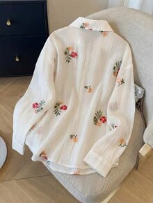Modelyn 春夏时尚优雅甜美刺绣长袖休闲衬衫 - 杏色 - 查看 2