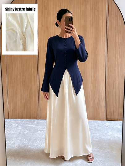 Graceveil Navy Blue Flare Sleeve Asymmetrical Hem Waist-Cinched Top Cream White Flared Maxi Skirt Elegant Modest 2 Pieces Outfit Dinner Party Autumn