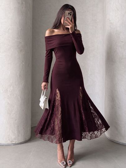 NOVVYNE Women Cold Shoulder Long Sleeve Mermaid Midi Dress Lace Slit Elegant Fall Wedding Guest Cocktail Party Quiet Luxury Evening Dress
