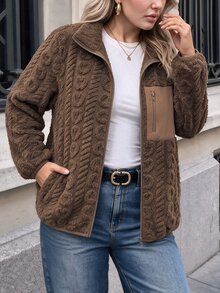 SHEIN LUNE Plus Size Casual Baggy Western Smart Reversible Fleece Patchwork Jacket For Winter Winter Clothes Club Office Teacher Brown - Coffee Brown - View 5