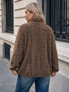 SHEIN LUNE Plus Size Casual Baggy Western Smart Reversible Fleece Patchwork Jacket For Winter Winter Clothes Club Office Teacher Brown - Coffee Brown - View 3