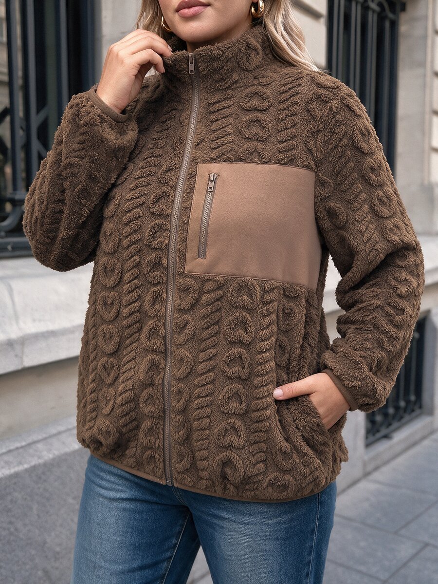 SHEIN LUNE Plus Size Casual Baggy Western Smart Reversible Fleece Patchwork Jacket For Winter Winter Clothes Club Office Teacher Brown - Coffee Brown - View 1